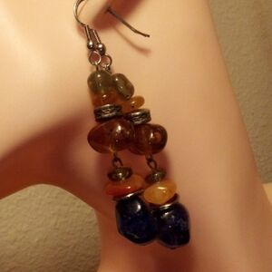 Handmade Multicolor Bead Drop Earrings - Blue, Amber & Olive
